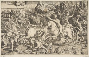 Battle scene in a landscape with soldiers on horseback and several fallen men, another... by Marco Dente
