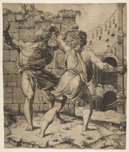 Entellus and Dares Fighting in Front of Classical Ruins by Marco Dente