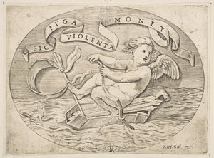 Eros Escaping by Sea, Cupid Using His Bow to Propel a Boat Made from His Quiver by Marco Dente