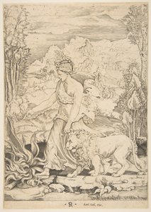 Fortitude in profile view walking toward a fire at left and leading a harnessed lion by Marco Dente