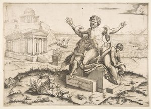 Laocoön and His Two Sons Being Attacked by Serpents Upon a Pedestal, a Temple to Minerva by Marco Dente