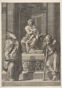 Saint Joseph and a Bishop before the Altar of the Virgin, ca. 1515-27 by Marco Dente