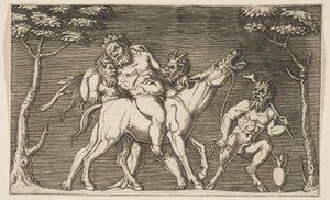 Two Satyrs Placing Silenus on a Braying Mule and a Third Satyr at Right