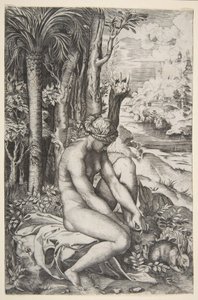 Venus removing a thorn from her left foot while seated on a cloth next to trees