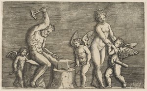 Vulcan Seated Hammering on an Anvil Flanked by Venus and Three Cupids by Marco Dente