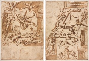 Grotesque with a Satyr Feeding a Dragon (recto); Grotesque with a Leaping Centaur (verso) by Marco Marchetti