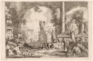 Capriccio of Antique Ruins with Men Gazing at a Classical Orator by Marco Ricci