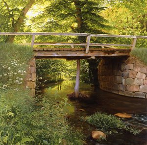 A Forest Stream with a Wooden Bridge by Marcus Bech Fritz