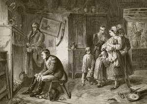 Napoleon seeks rest in a roadside cottage after his defeat at Waterloo, engraved by J.D. Cooper