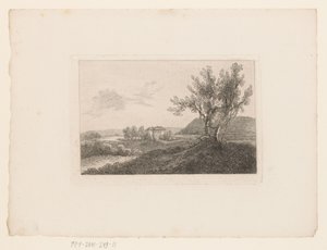 Landscape with a Villa in the Distance and a Garden Bench by Two Trees in the Foreground