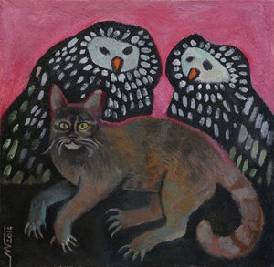 Whimsical Cat With Owls