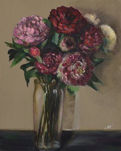 Dark Red Peonies in Glass Vase - Moody Floral Oil Painting by Marina Kozyr