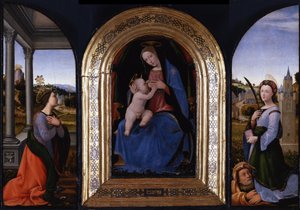 Enthroned Maria Lactans with Saints Catherine of Alexandria and Barbara and Her Father Dioscurus