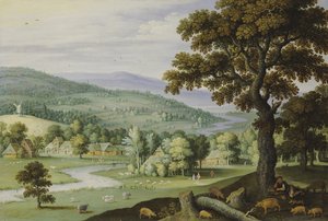 A River Valley with a Swineherd Resting Under a Tree in the Foreground, a Hamlet Beyond