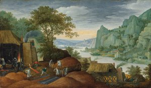 A Rocky Landscape with Figures by an Iron Foundry, a River and Houses on the Bank Beyond by Marten Ryckaert