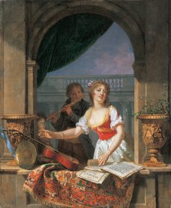 A young lady reaching for a guitar at a stone casement and a boy playing the flute beyond