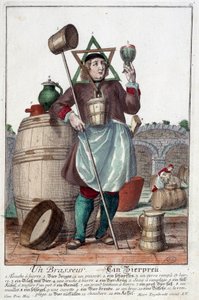 Representation of a Brewer with a Fountain, a Glass, a Jug, a Bucket, a Barrel, a Mallet, a Bowl, a Broc, a Boiler. Engraving by Martin Engelbrecht by Martin Engelbrecht