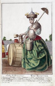 Representation of the Wife of a Brewer, carrying a funnel on her head, a grain bag, a bowl, a bucket, a beer barrel. Engraving by Martin Engelbrecht by Martin Engelbrecht