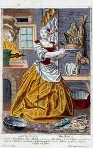 The cook. Engraving by Martin Engelbrecht, in New assembly of the manouvries habilles, 18th century, Germany. Paris, Decorative Arts by Martin Engelbrecht