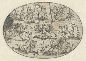 Oval with Eagle Surrounded by Lions and Fantasy Creatures by Martin Pleginck