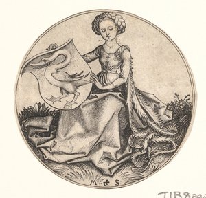 Shield with Swan Held by Woman by Martin Schongauer