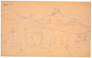 Italian landscape with a bridge over a river and the town of Subiaco in the background