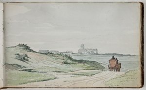 View towards a Landscape. In the Foreground a Country Road with a Horse Carriage; in the Background Houses and a Church by Martinus Rørbye
