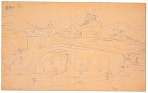 Italian landscape with a bridge over a river and the town of Subiaco in the background by Martinus Rørbye