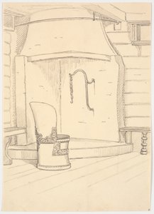 Fireplace and Round Wooden Chair with Backrest by Martinus Rørbye
