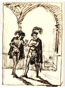 Medieval Scene with Two Cloaked Men and Feathered Berets by Martinus Rørbye