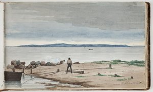 View Towards a Coastal Landscape with Storm Clouds in the Sky. Two Men Working by a Boat and a Fire in the Foreground by Martinus Rørbye