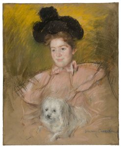 Woman in Raspberry Costume Holding a Dog by Mary Cassatt