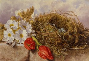A Still Life of Blossom Tulips and a Bird