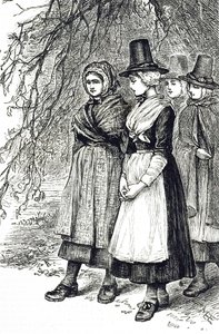 An engraving depicting Welsh girls at a Hollantide Fair, a hiring fair, waiting to be engaged as domestic servants. Illustrated by Mary Ellen Edwards by Mary Ellen Edwards