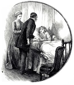 An engraving depicting a doctor visiting his young patient at home. Illustrated by Mary Ellen Edwards