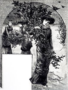 An engraving depicting the collection of holly and evergreen for Christmas decoration by Mary Ellen Edwards
