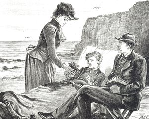 Engraving depicting a cripple boy at the seaside by Mary Ellen Edwards
