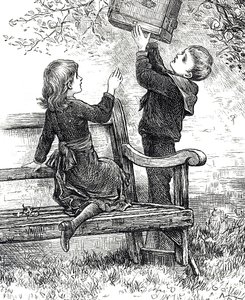 Engraving Depicting Children with Their Pet Sparrow in Its Cage by Mary Ellen Edwards