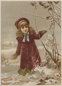 Girl taking bread to feed birds in the snow by Mary Ellen Edwards
