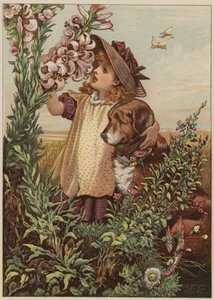Girl with dog smelling flowers by Mary Ellen Edwards