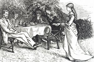 Illustration depicting a family taking breakfast in the garden