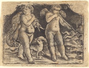 Cupid Carrying a Fowl Accompanied by a Dog, and Another Cupid Playing a Trumpet by Maso Finiguerra