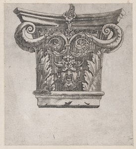 Speculum Romanae Magnificentiae: Capital with Peapod Volutes and Satyr Head by Master GA