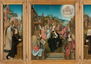 Triptych with Virgin and Child with Saints (center), Male Donor with Saint Martin (left), Female Donor with Saint Cunera (right), and the Annunciation (outer wings) by Master of Delft