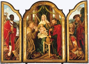 The Holy Family with Melchior offering gold to the Christ Child by Master of Frankfurt