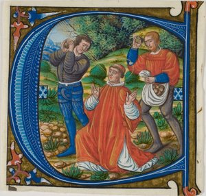 The Stoning of Saint Stephen in a Historiated Initial (A or C) from a Gradual by Master of Jacques de Besançon