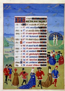 May: the courtiers walk. Illuminated manuscript page taken from Book of Hours of the Duchess of Burgundy, Adelaide of Savoy by the Master of Adelaide of Savoy and the Master of Jean Rolin by Master of Jean Rolin II