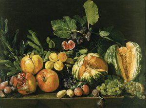 Pomegranates, Melons, Grapes, Peaches, Figs and Other Fruits on a Stone Ledge