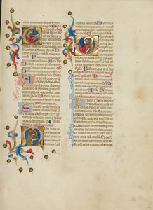 Initial E: Saint Lucy; Initial M: Saint Thomas; Initial D: Saint Thomas Preaching by Master of the Brussels Initials