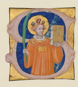 Manuscript Illumination with Saint Stephen in an Initial S, from an Antiphonary, Italian, ca. 1410-1412 by Master of the Brussels Initials